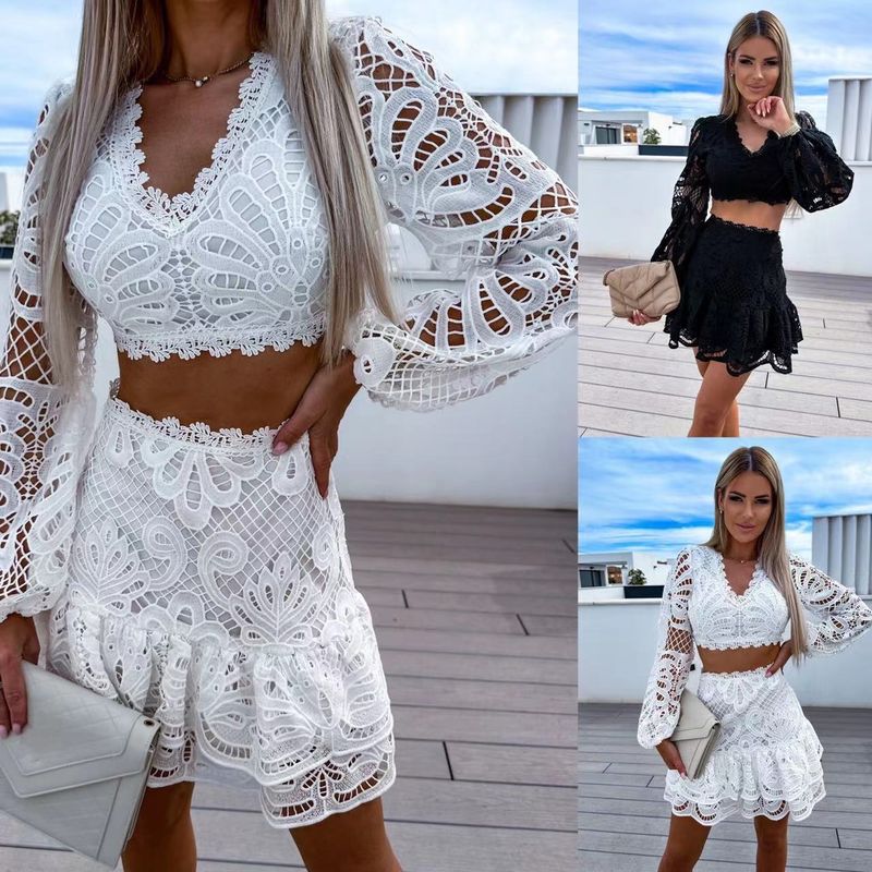 Women's Sexy Solid Color Polyester Lace Hollow Out Skirt Sets