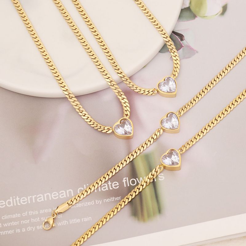 Wholesale Elegant Heart Shape Titanium Steel Plating Inlay Artificial Diamond Bracelets Necklace