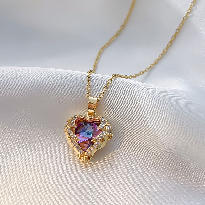 Titanium Steel Copper Elegant Plating Inlay Heart Shape Artificial Diamond Pendant Necklace