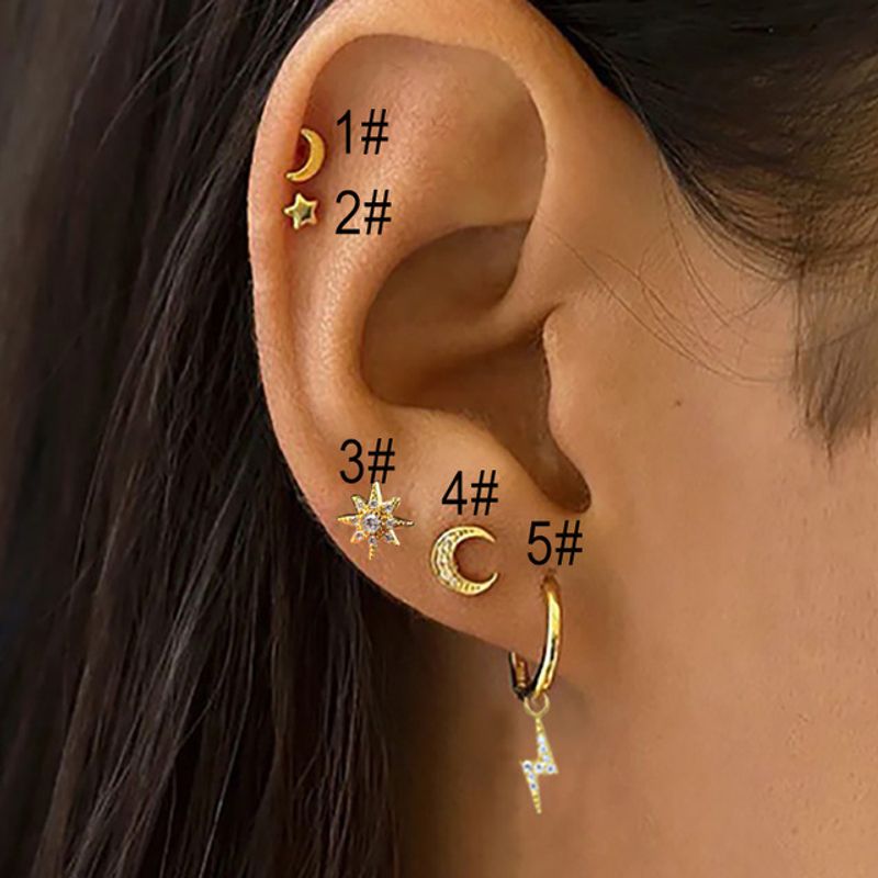 1 Piece Streetwear Star Moon Plating Inlay Copper Zircon Ear Studs