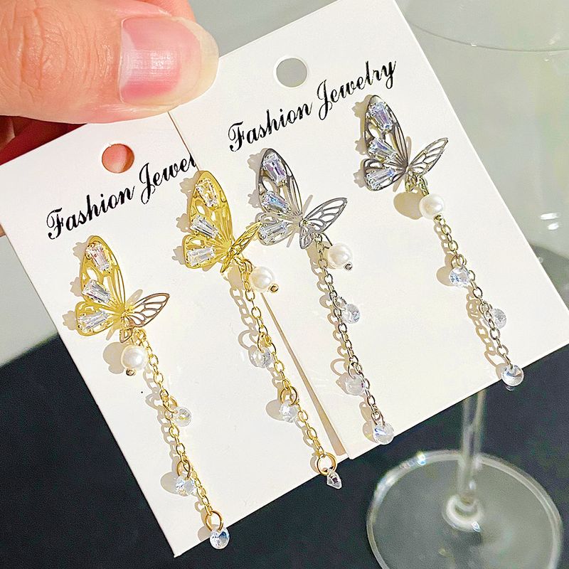 1 Paire Style Ig Style Japonais Gland Papillon Placage Incruster Perle D'imitation Alliage Strass Plaqué Or 14k Boucles D'oreilles