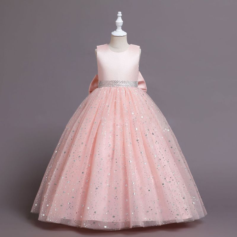 Elegant Princess Solid Color Sequins Bow Back Polyester Girls Dresses