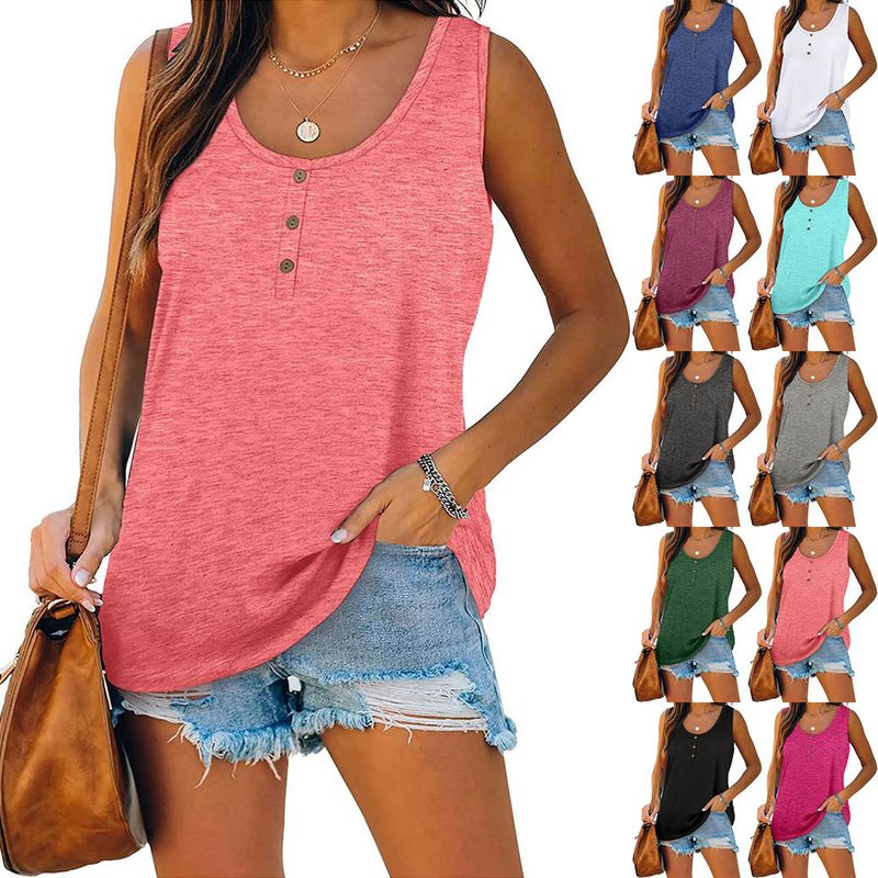 Women's T-shirt Sleeveless T-shirts Button Casual Solid Color