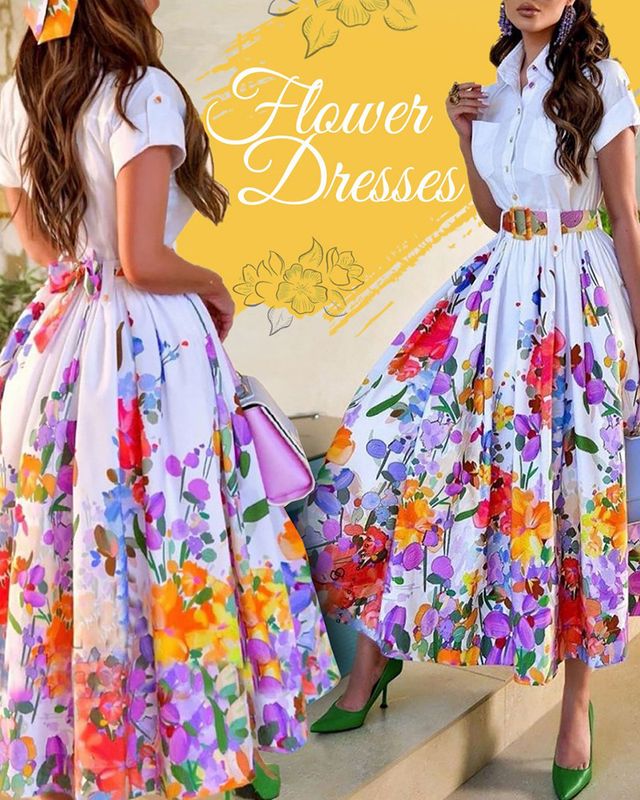 Mujeres Vestidos Camiseros Dulce Cuello De Camisa Impresión Manga Corta Flor Vestido Maxilargo Calle