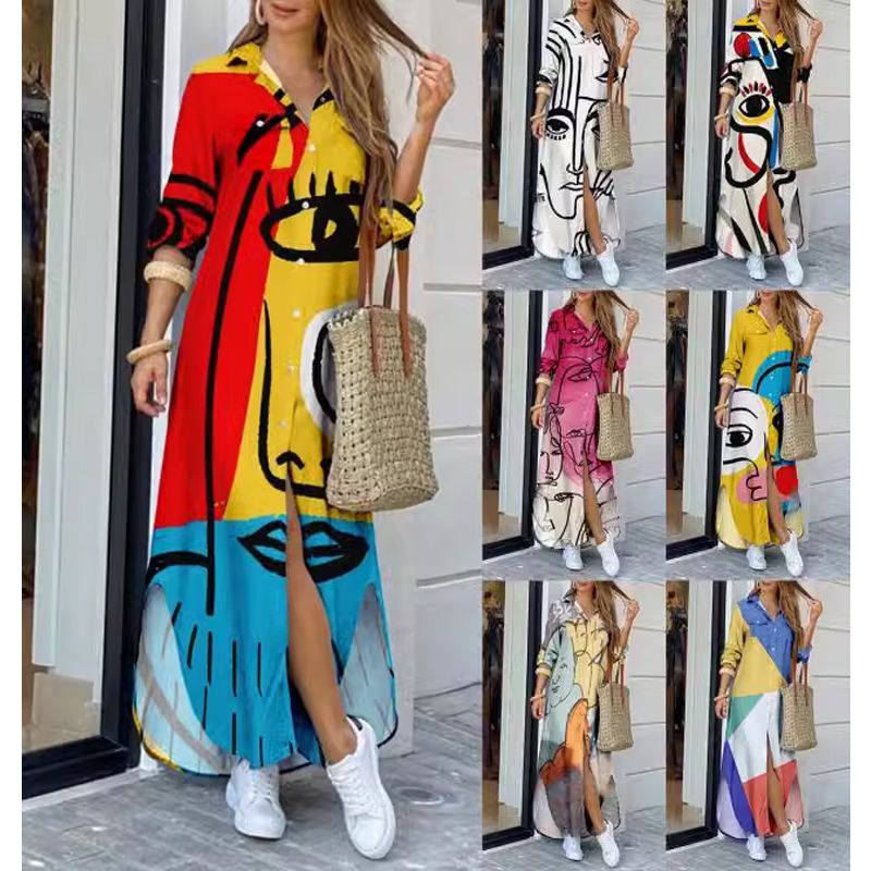 Women's Shirt Dress Casual Turndown Printing Long Sleeve Abstract Maxi Long Dress Street