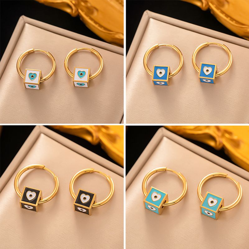 1 Pair Artistic Square Heart Shape Eye Enamel Plating 304 Stainless Steel 18K Gold Plated Hoop Earrings