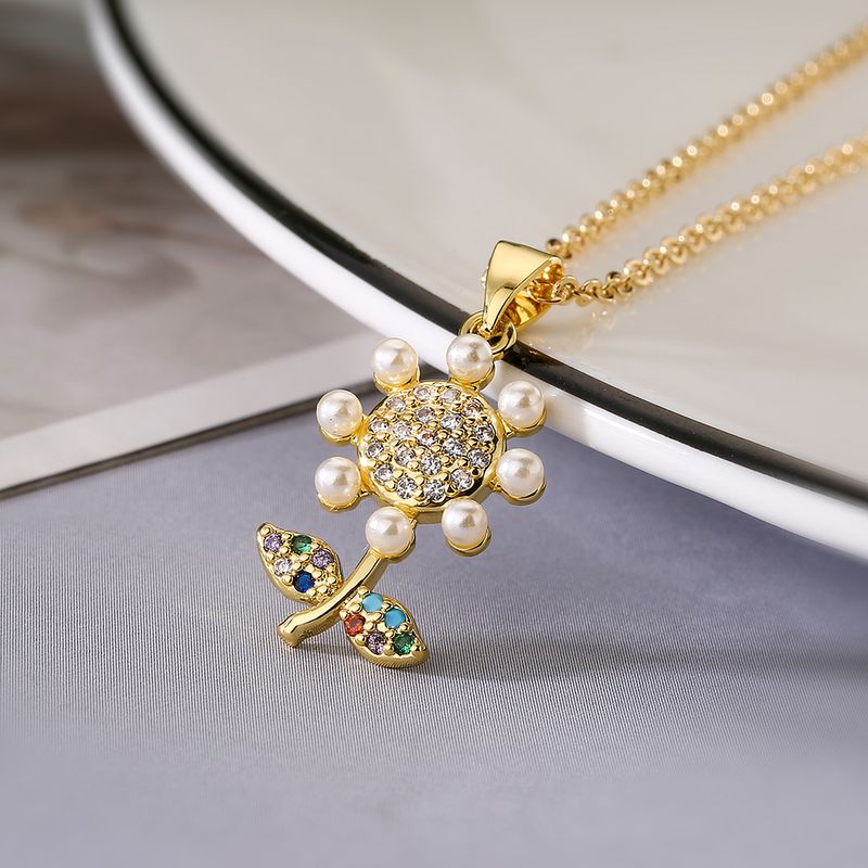 Simple Style Commute Sunflower Copper Plating Inlay Artificial Pearls Diamond 18k Gold Plated Pendant Necklace