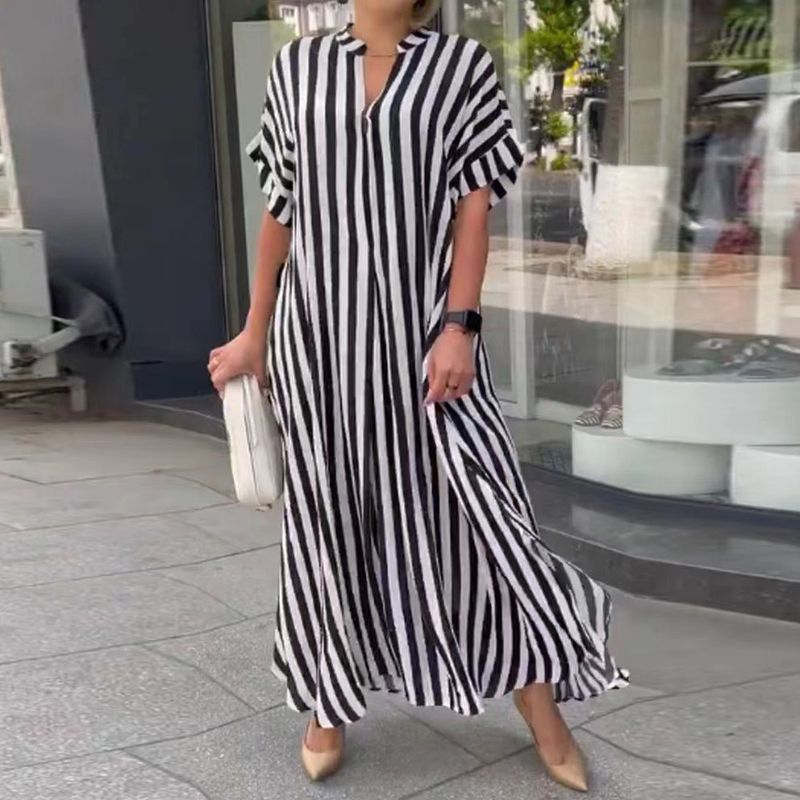 Frau Kleid Mit Schlitz Lässig Einfacher Stil V-ausschnitt Schlitz Kurzarm Streifen Maxi Langes Kleid Täglich