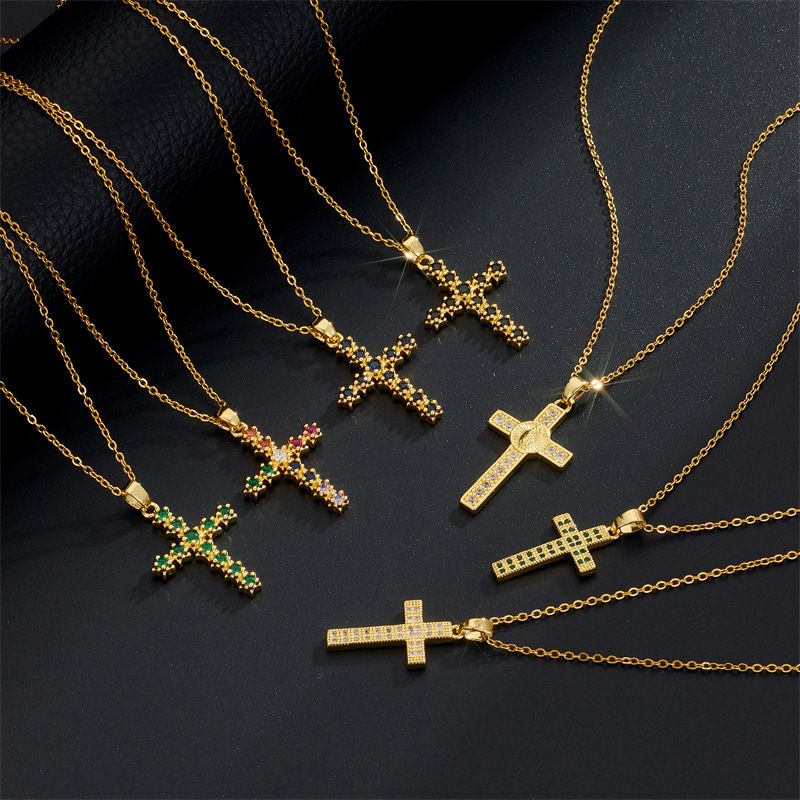 Retro Kreuzen Kupfer Inlay Zirkon Halskette Mit Anhänger