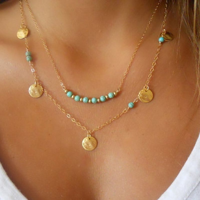 Streetwear Round Alloy Turquoise Wholesale Layered Necklaces