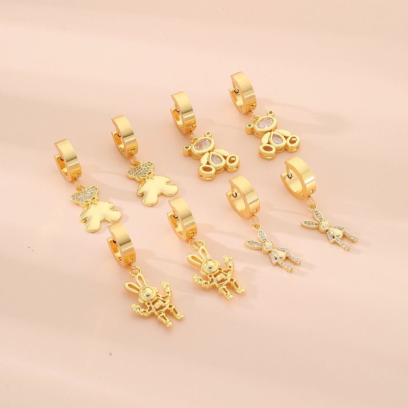 1 Pair Simple Style Rabbit Bear Plating Inlay 304 Stainless Steel Copper Zircon K Gold Plated Drop Earrings