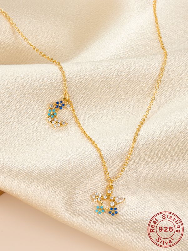 Estilo De Hadas Dulce Estrella Luna Flor Plata Esterlina Chapado En Oro De 18 Quilates. Circón Collar Colgante Al Mayoreo