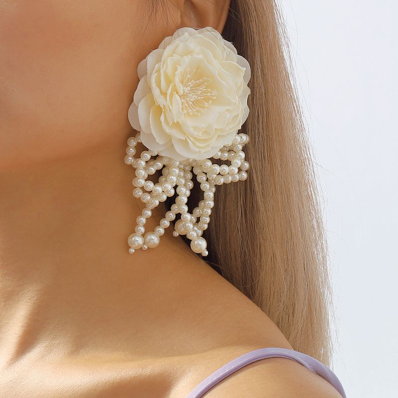1 Pair Princess Exaggerated Sweet Flower Bow Knot Handmade Imitation Pearl Cloth Fabric Ear Studs