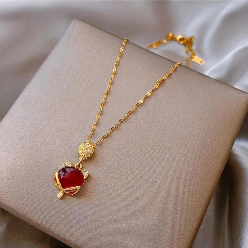Titanium Steel 18K Gold Plated Casual Simple Style Plating Inlay Round Water Droplets Fox Zircon Pendant Necklace