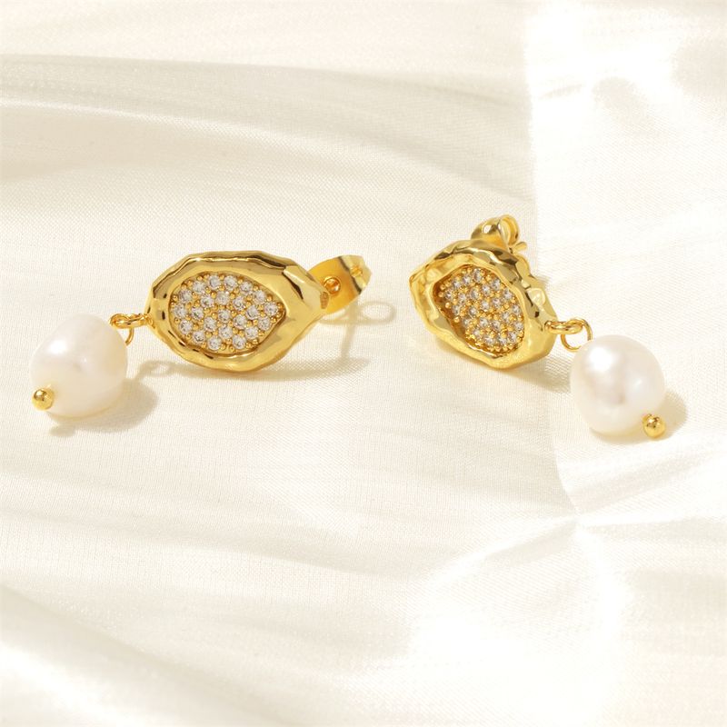 1 Pair Vintage Style Irregular Plating Inlay Freshwater Pearl Copper Zircon 18k Gold Plated Drop Earrings