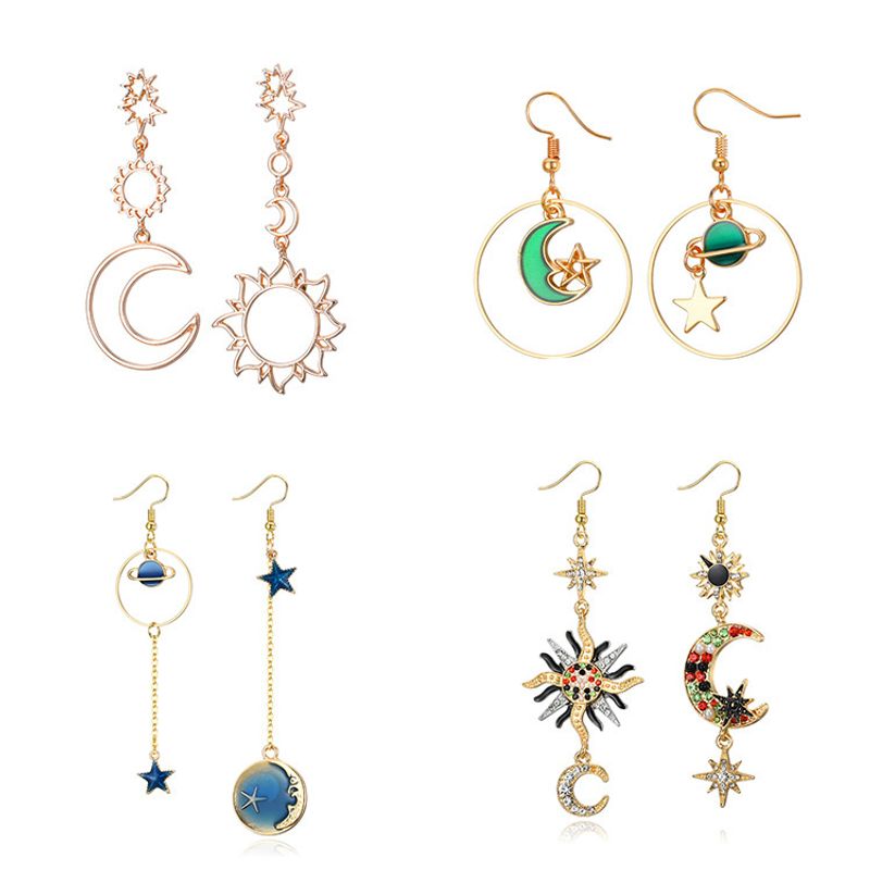 1 Pair Simple Style Star Moon Plating Inlay Alloy Artificial Gemstones Drop Earrings