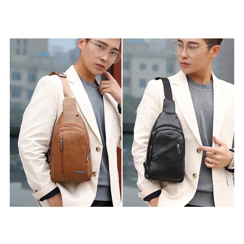 Men's Business Solid Color Pu Leather Waterproof Waist Bags