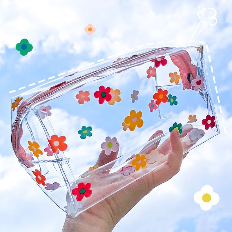 Women's All Seasons Pvc Cartoon Fruit Flower Cute Transparent Square Zipper Cosmetic Bag