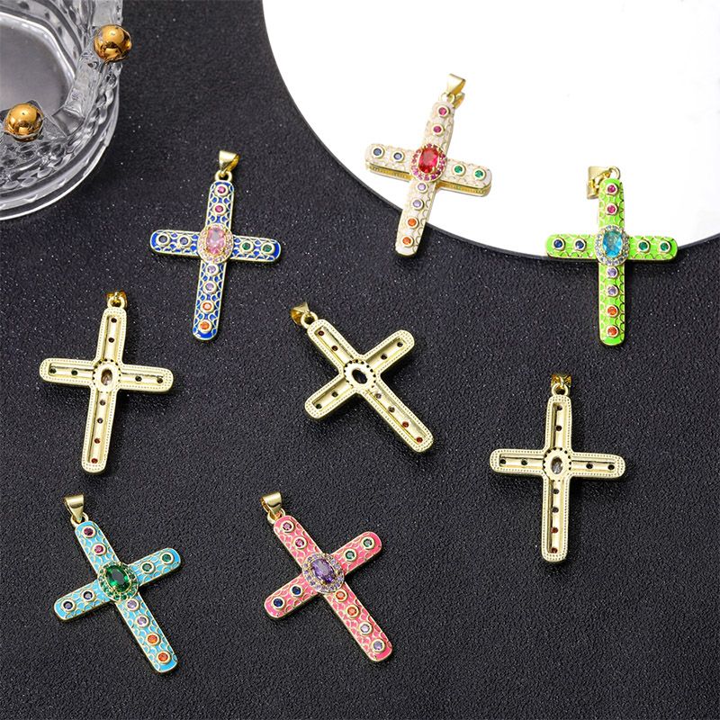 Exaggerated Simple Style Cross Copper Plating Inlay Pearl Zircon Gold Plated Charms