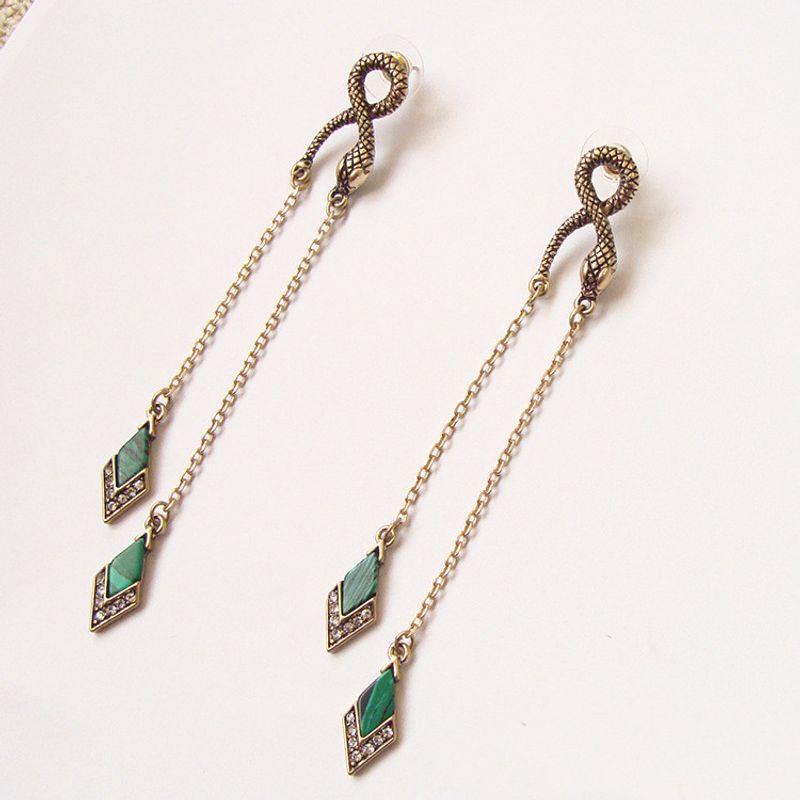 1 Paire Rétro Rhombe Serpent Placage Incruster Alliage Diamant Artificiel Malachite Boucles D'oreilles