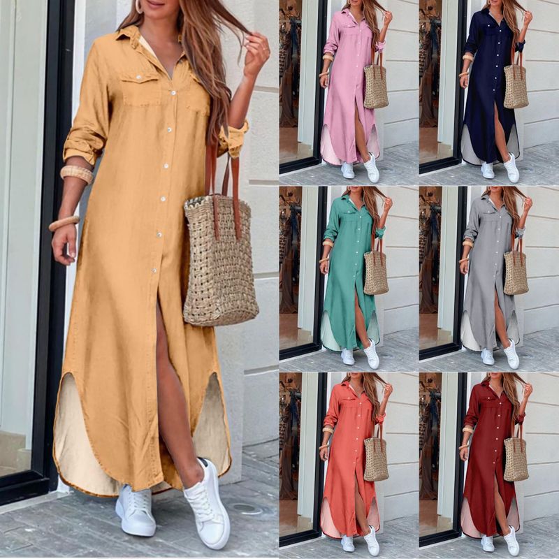 Women's A-line Skirt Fashion Turndown Button Long Sleeve Solid Color Maxi Long Dress Daily