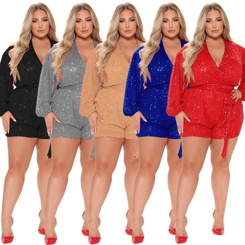 Sexy Solid Color Polyester Sequins Embroidery Rompers
