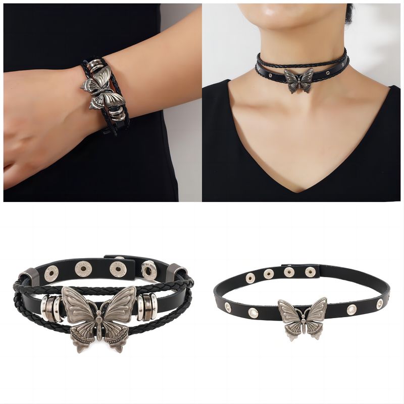 Punk Noeud D'arc Alliage Peau De Vache Patchwork Femmes Bracelets Collier