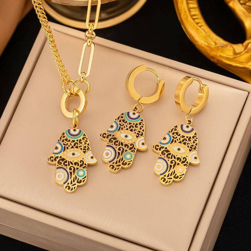 304 Stainless Steel 18K Gold Plated IG Style Ethnic Style Drip Glazed Plating Inlay Devil'S Eye Palm Artificial Rhinestones Bracelets Earrings Necklace