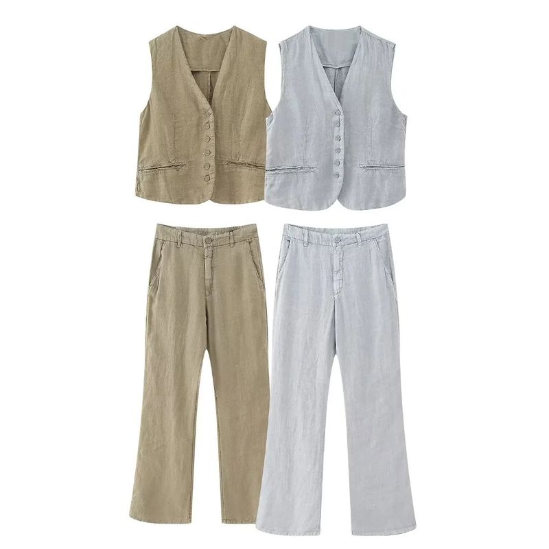 Women's Streetwear Solid Color Linen Button Pants Sets