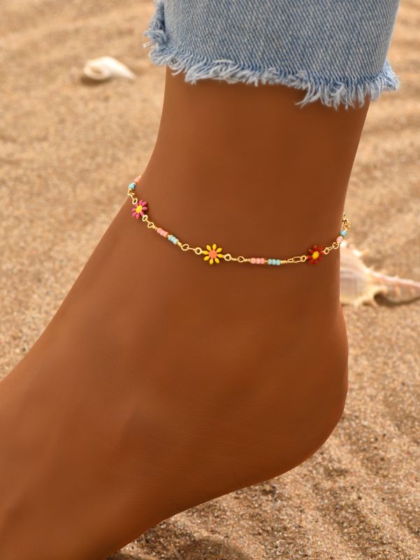 Vacation Sweet Flower 18k Gold Plated Beaded Copper Wholesale Anklet