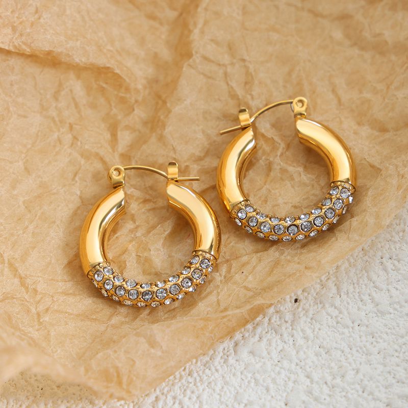 1 Pair Simple Style Shiny Circle Plating Inlay Titanium Steel Rhinestones 18k Gold Plated Earrings