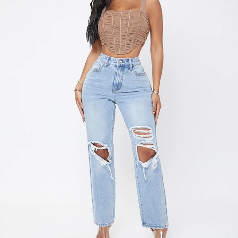 Women's Street Classic Style Solid Color Full Length Washed Ripped Jeans