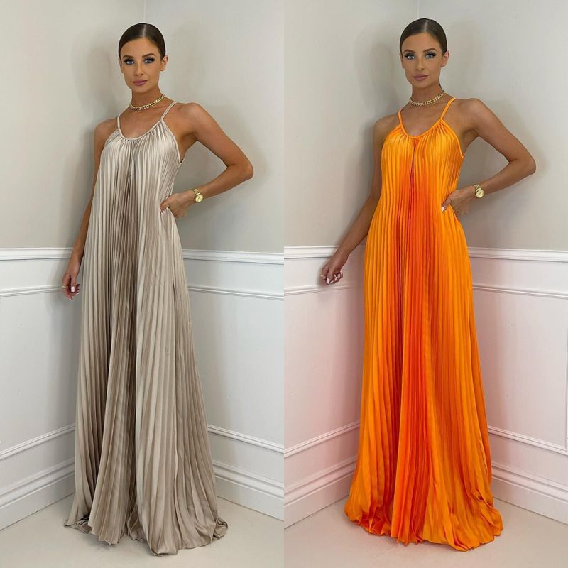 Women's Party Dress Elegant Sexy Pleated Sleeveless Solid Color Maxi Long Dress Banquet