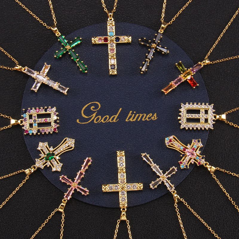 Elegant Dame Kreuzen Kupfer Überzug Inlay Zirkon Halskette Mit Anhänger