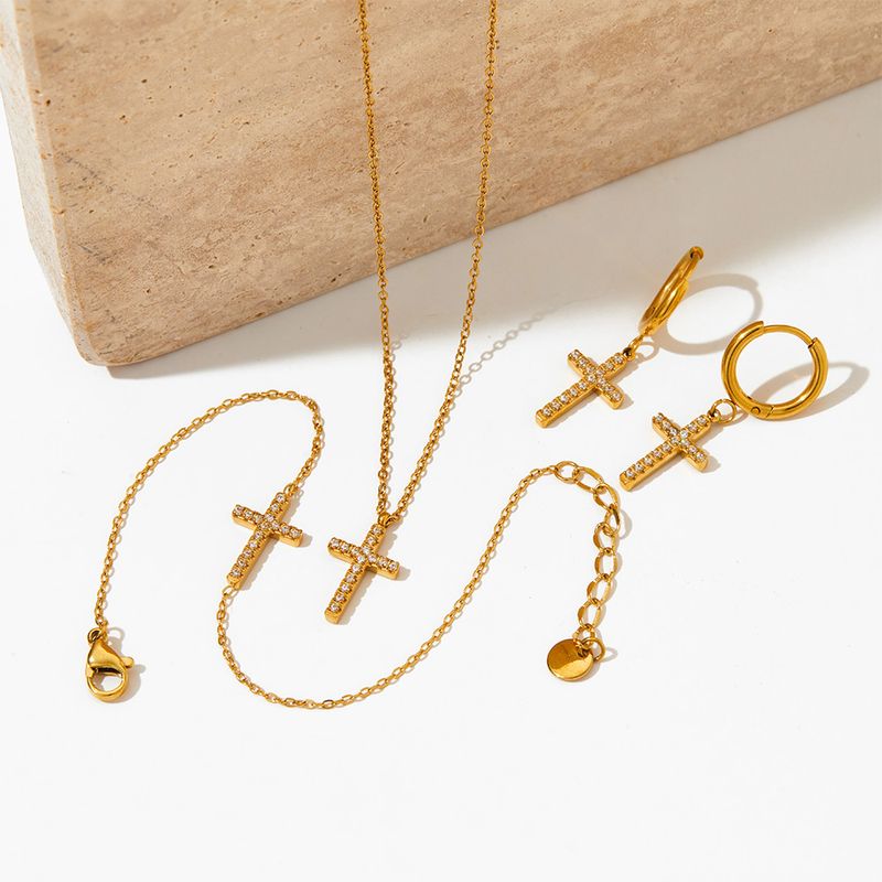 Edelstahl 304 16 Karat Vergoldet Weißgold Plattiert Vergoldet Einfacher Stil Inlay Kreuzen Strasssteine Armbänder Ohrringe Halskette