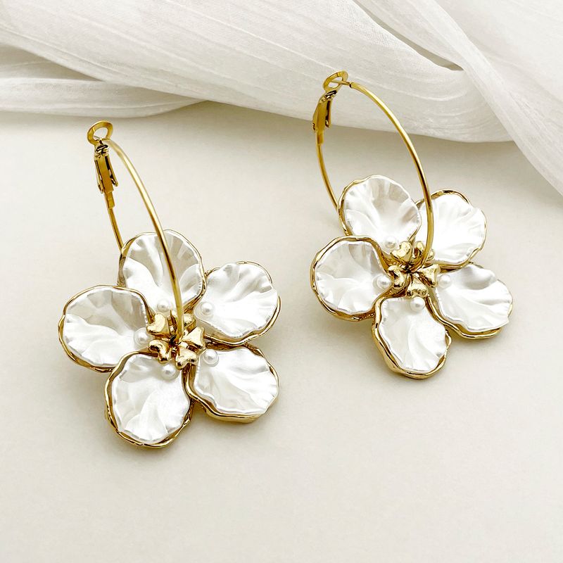 1 Pair Classical Vintage Style Flower Plating Inlay 304 Stainless Steel Shell 14K Gold Plated Earrings