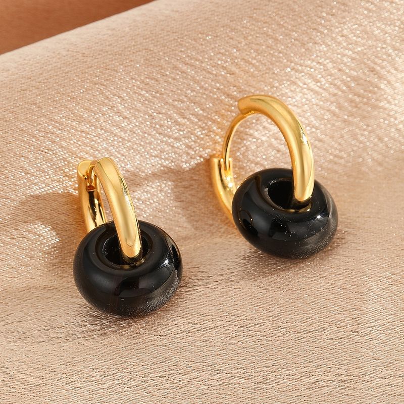 1 Pair Elegant Circle Round Beaded Plating Natural Stone Copper 18k Gold Plated Drop Earrings