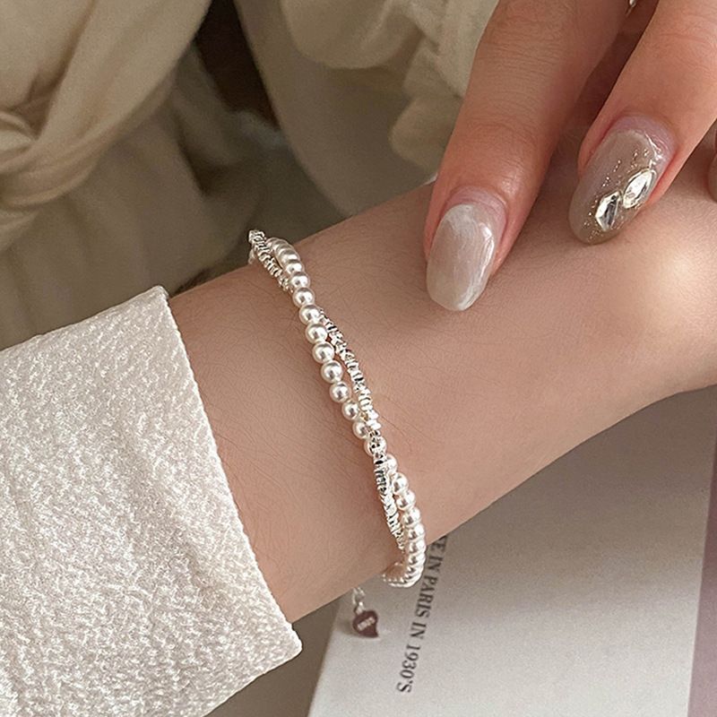 Wholesale Jewelry Lady Solid Color Artificial Pearl Sterling Silver Beaded Bracelets