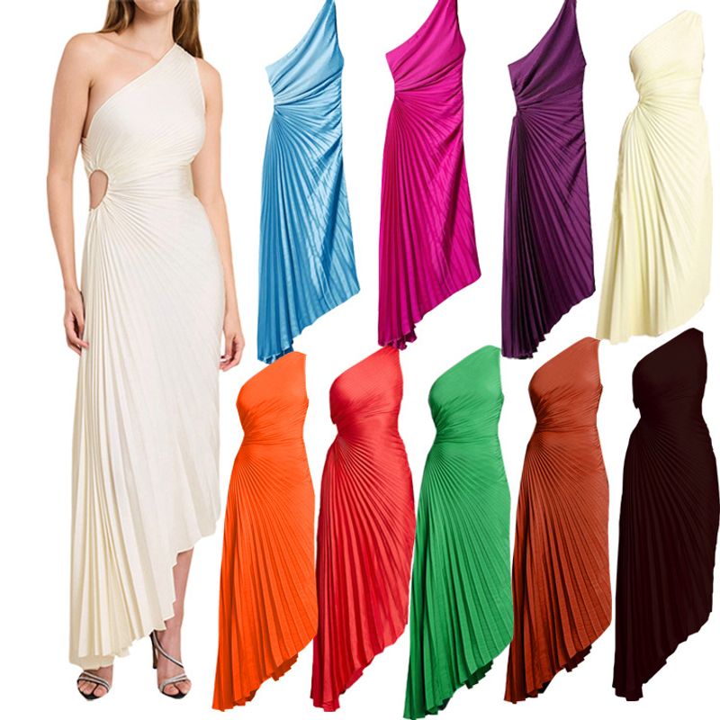 Women's Party Dress Elegant Oblique Collar Sleeveless Solid Color Midi Dress Banquet