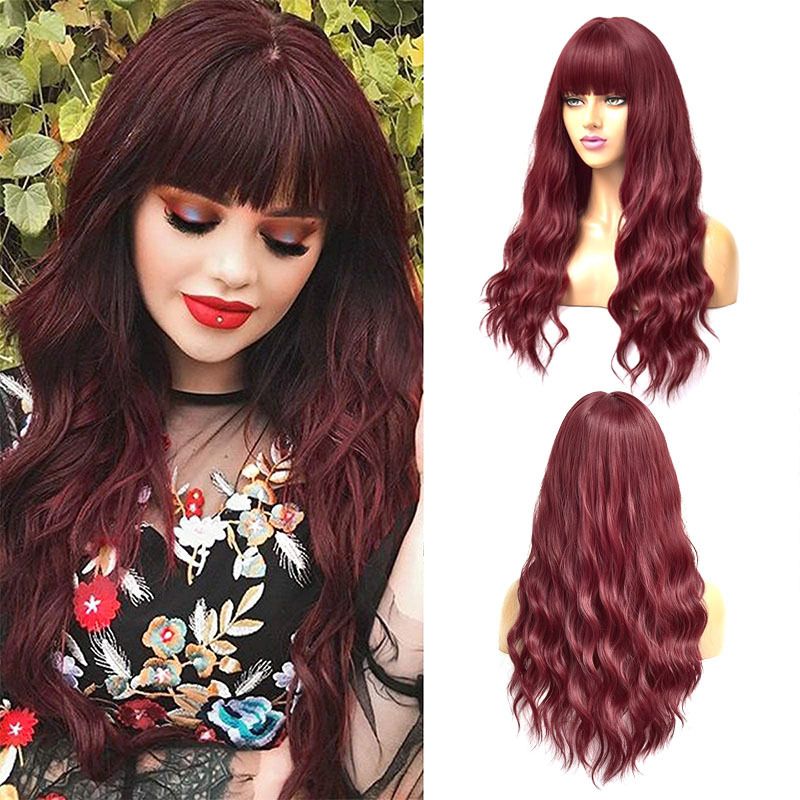 Women's Simple Style Wine Red Casual High Temperature Wire Bangs Long Curly Hair Wigs