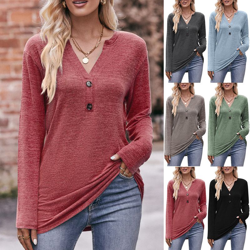 Women's T-shirt Long Sleeve T-shirts Button Casual Solid Color