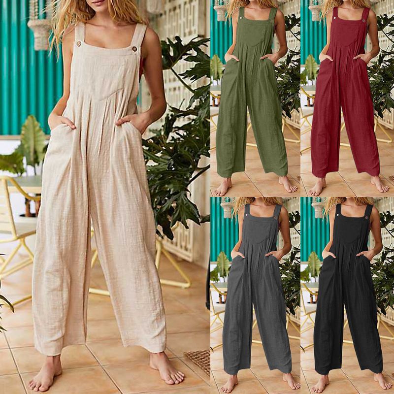 Women's Daily Casual Solid Color Full Length Washed Jumpsuits