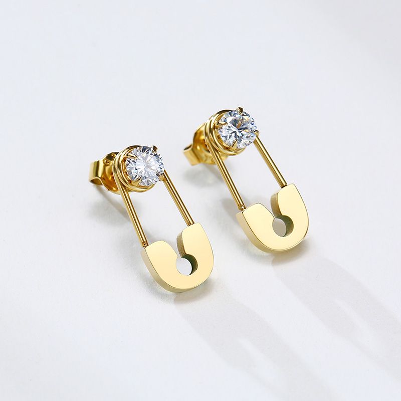 1 Pair Simple Style Solid Color Plating Inlay 201 Stainless Steel Zircon Gold Plated Earrings