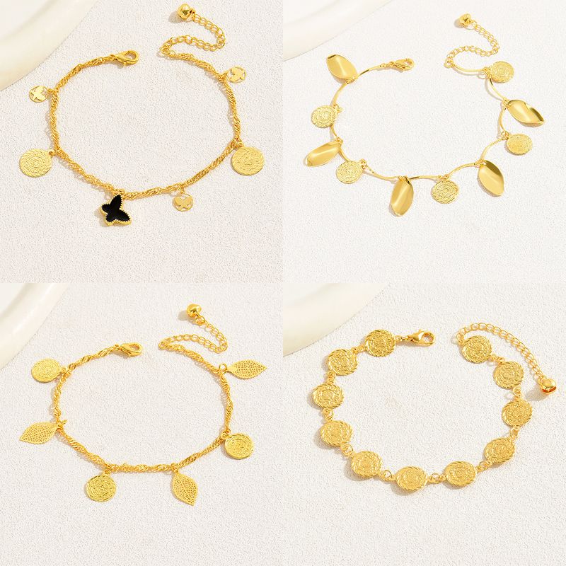 Simple Style Leaves Coin Butterfly 18k Gold Plated Copper Wholesale Anklet