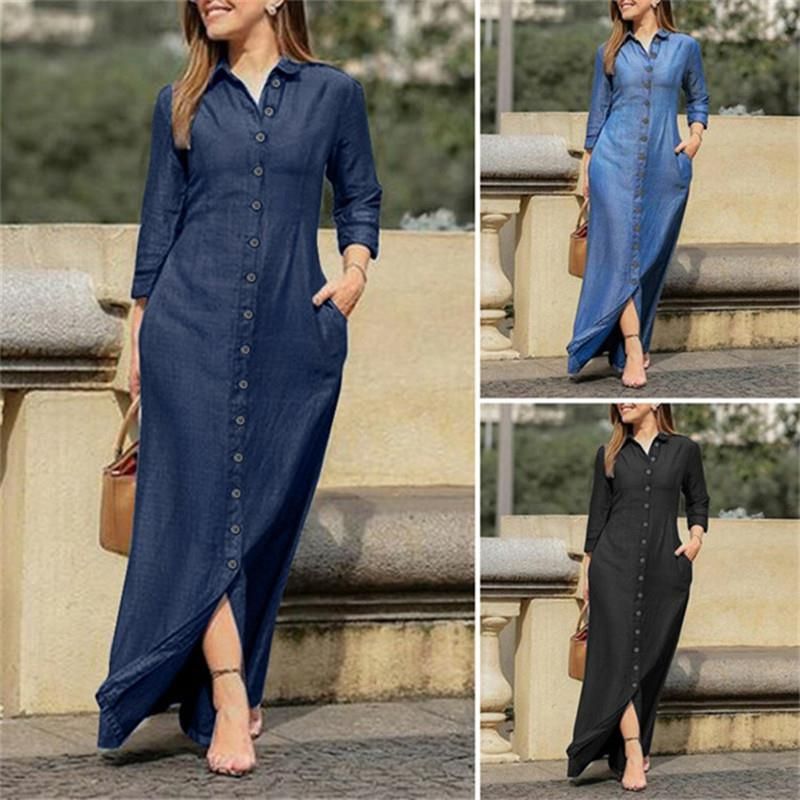 Women's Denim Dress Casual Shirt Collar Pocket Long Sleeve Solid Color Maxi Long Dress Daily