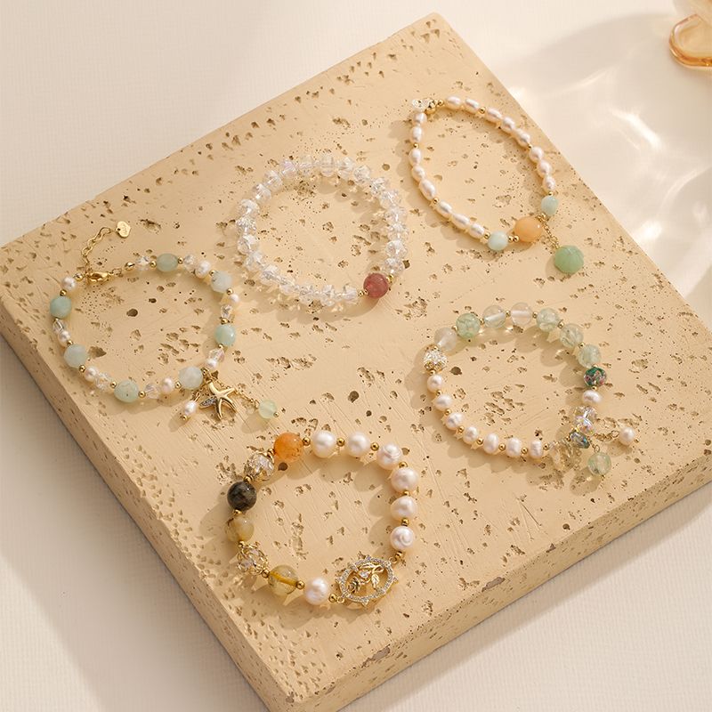 Wholesale Jewelry Basic Sweet Starfish Rose Lotus Natural Stone Freshwater Pearl 18k Gold Plated Beaded Bracelets