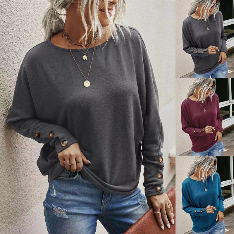 Women's T-shirt Long Sleeve T-shirts Button Casual Solid Color