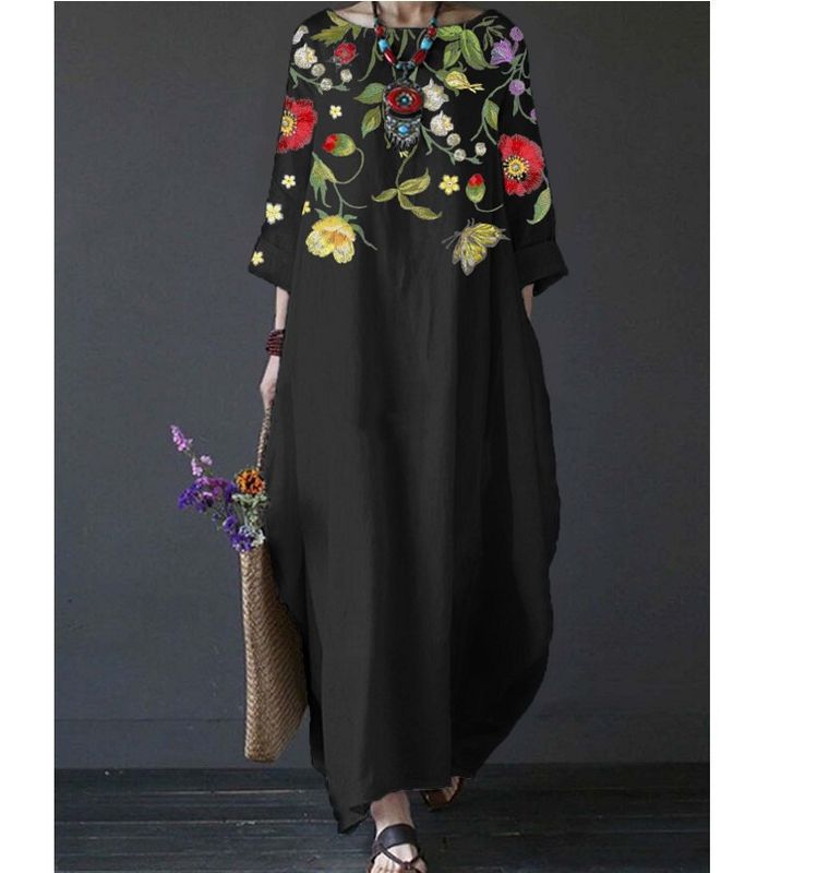 Women's Regular Dress Vintage Style Ethnic Style Scoop Printing 3/4 Length Sleeve Flower Maxi Long Dress Travel