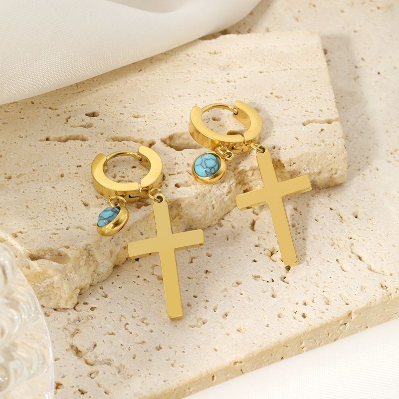 1 Pair Lady Simple Style Cross Plating Inlay 304 Stainless Steel Turquoise Drop Earrings