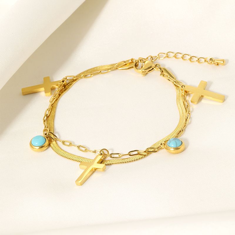 Cool Style Shiny Cross Round 304 Stainless Steel Turquoise Bracelets In Bulk
